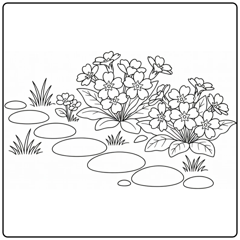 Sleutelbloem kleurplaat lente tuin met stenen pad en bloemen