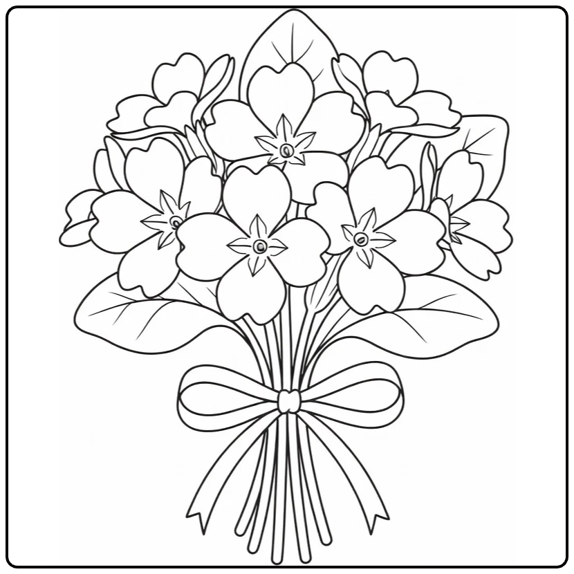 Sleutelbloem kleurplaat met boeket bloemen en lint