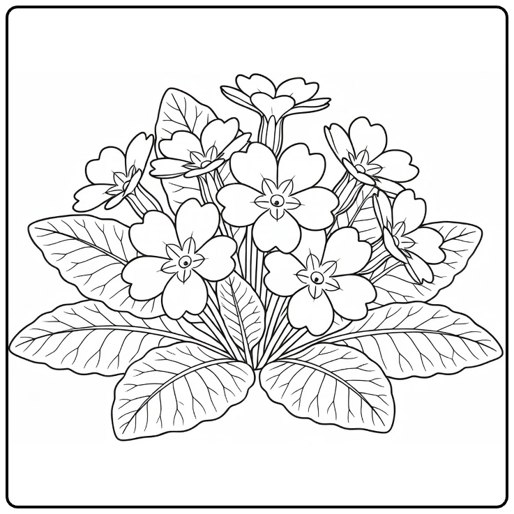 Sleutelbloem kleurplaat met ronde bloemen en gele centra