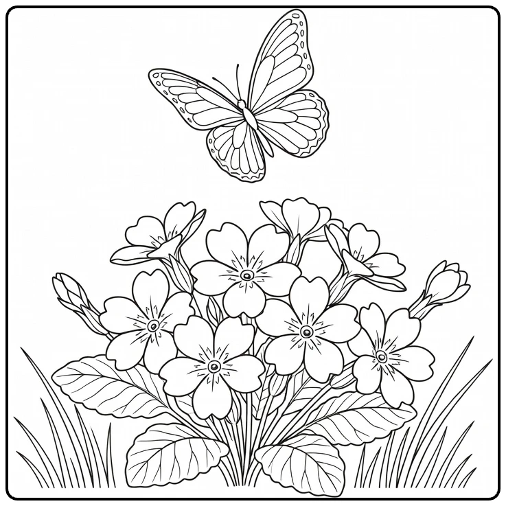 Sleutelbloem kleurplaat met vlinder die boven bloemen zweeft