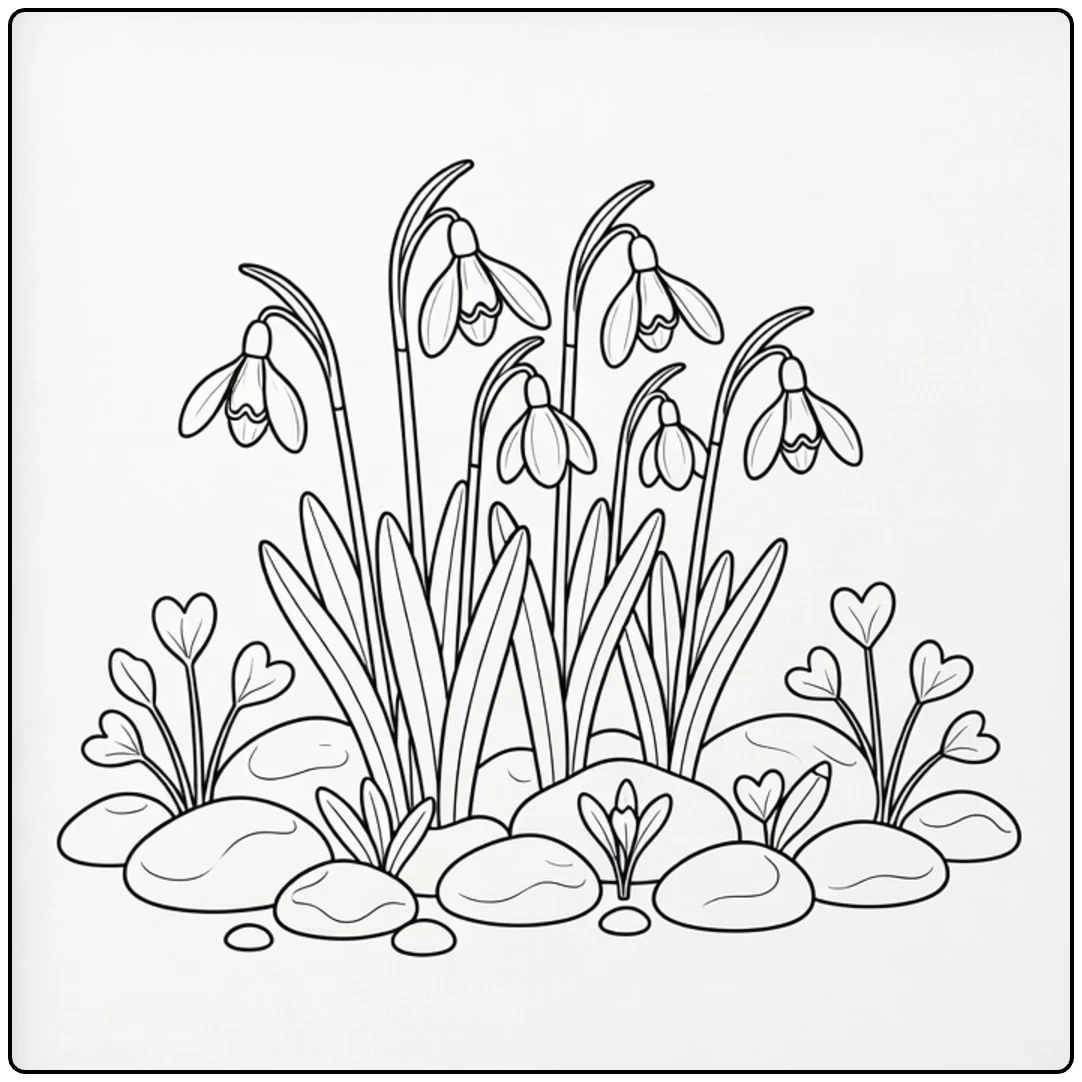 Sneeuwklokje kleurplaat met bloemen tussen kiezelstenen