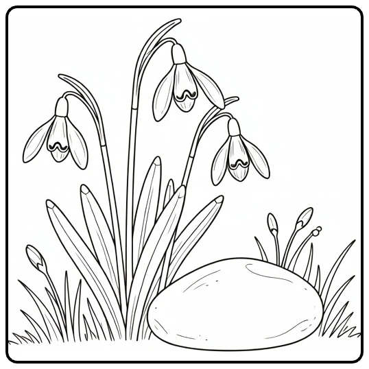 sneeuwklokje kleurplaat met bloemen naast tuinsteen