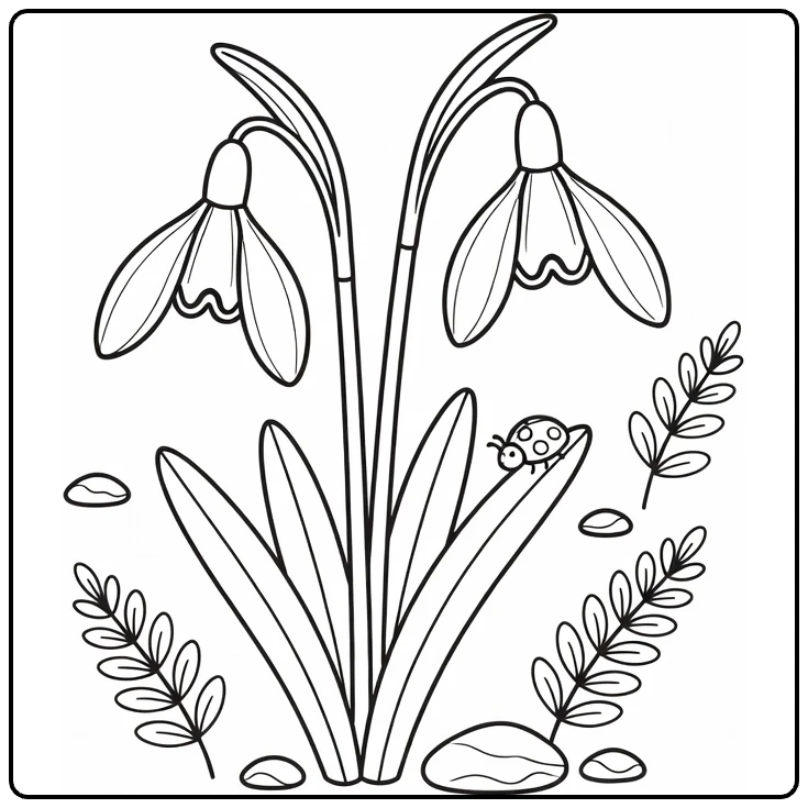 Sneeuwklokje kleurplaat met klein lieveheersbeestje op blad