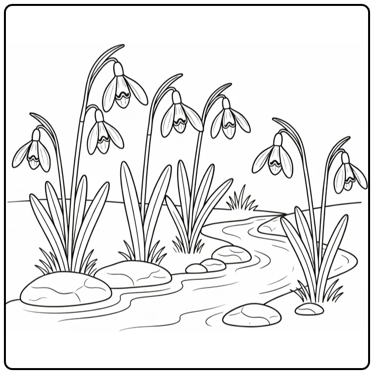 Sneeuwklokje kleurplaat met bloemen langs beek en stenen
