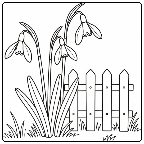 sneeuwklokje kleurplaat met bloemen bij houten hek en gras