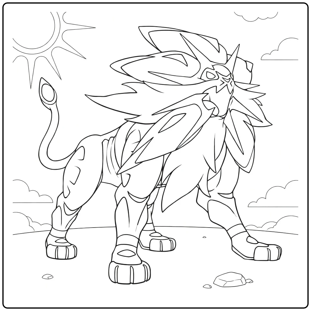 Solgaleo Kleurplaat: majestueuze Pokémon leeuw met zon
