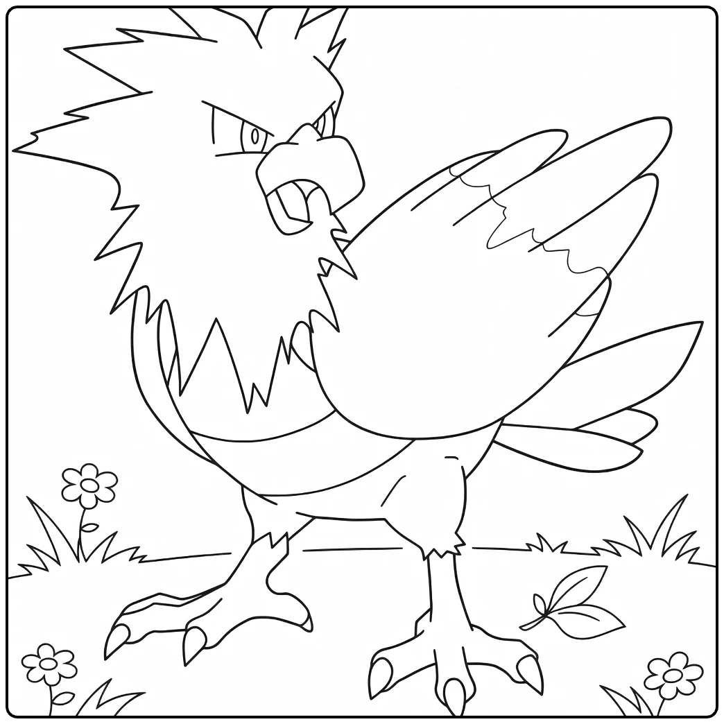 Spearow kleurplaat: boze Pokémon vogel met spikes en bloemen