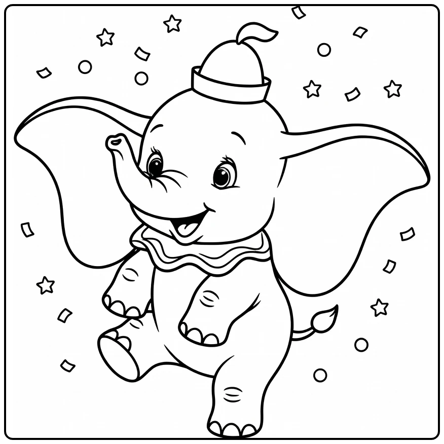 Dumbo kleurplaat: dansende baby-olifant met circus hoedje