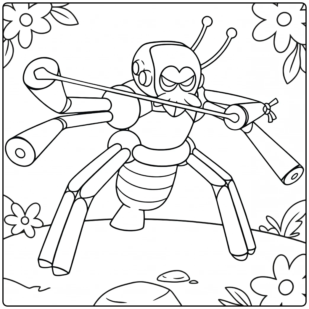Spidops kleurplaat: boze robotspin met nunchaku en bloemen