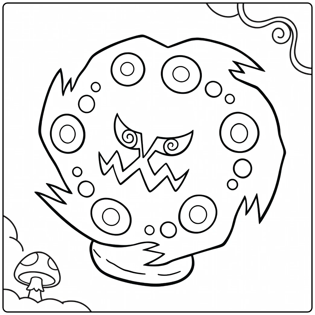 Spiritomb Kleurplaat: eng Pokémon spook met ogen en stippen