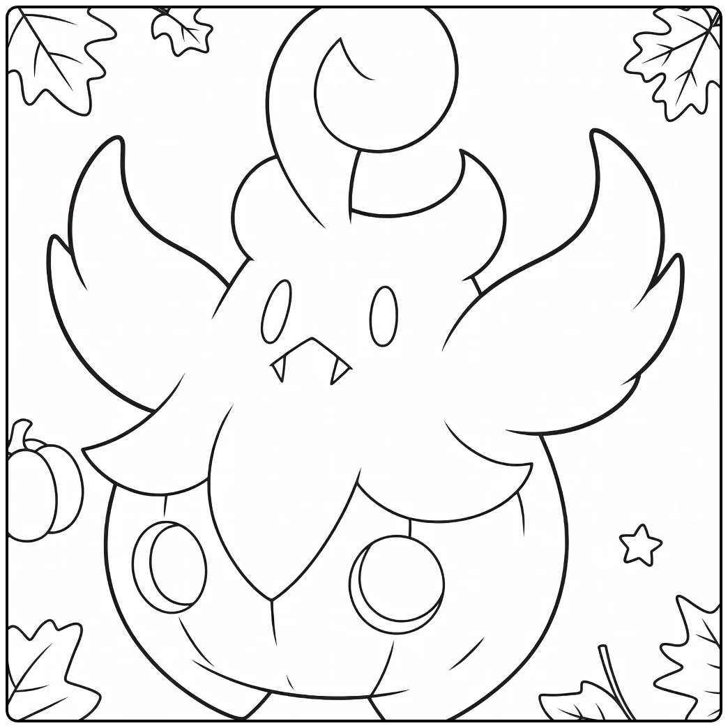 Pumpkaboo Kleurplaat met vleugels, bladeren en pompoenen