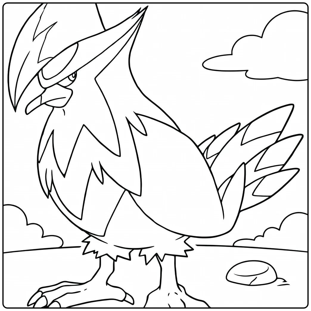 Staraptor Kleurplaat: stoere Pokémon vogel met wolken