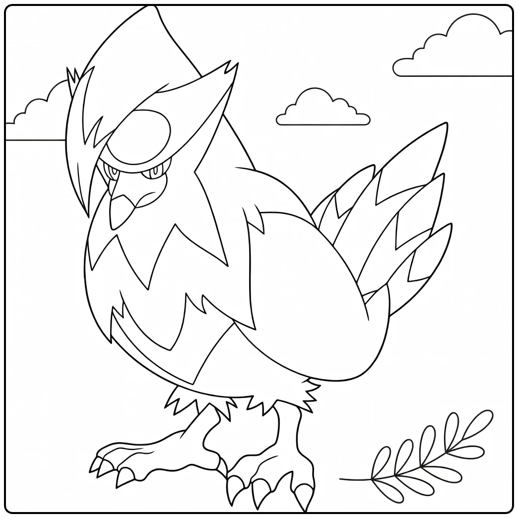 Staraptor kleurplaat: stoere Pokémon roofvogel met wolken