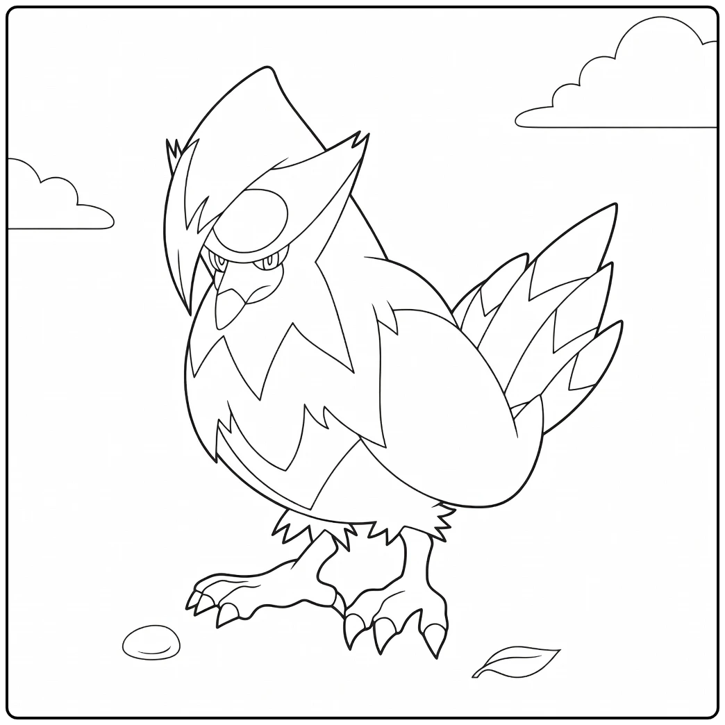 Staravia Kleurplaat: felle Pokémon vogel bij bes en blad