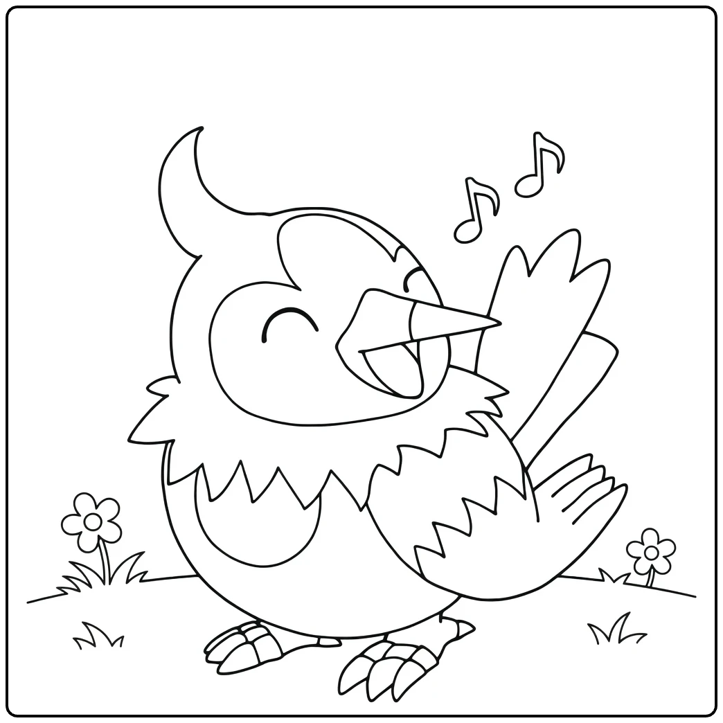 Starly kleurplaat: zingende Pokémon vogel met bloemen