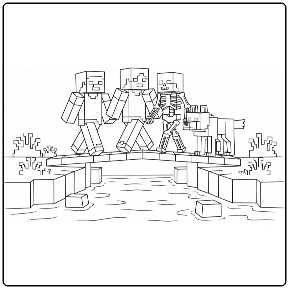 Minecraft kleurplaat: Steve, Alex, skelet en wolf op brug