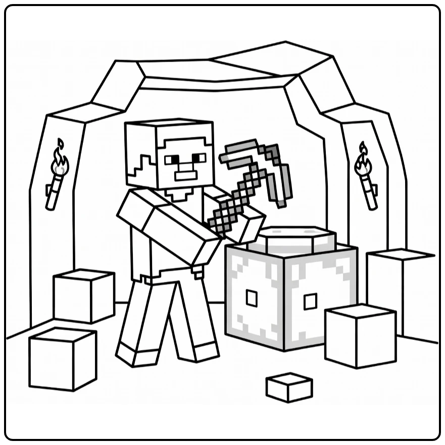 Minecraft kleurplaat: Steve delft diamanterts in grot