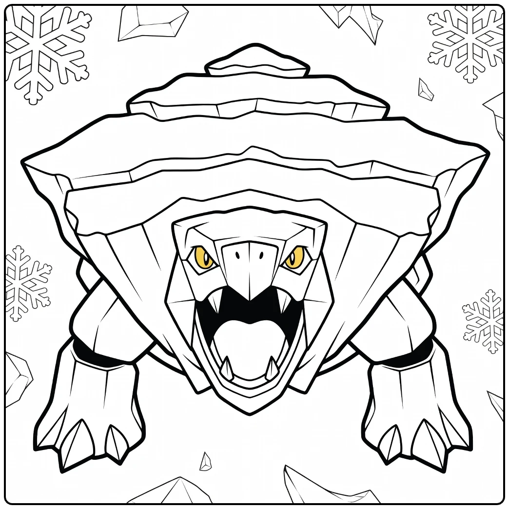 Avalugg kleurplaat: ijzige Pokémon-turtle brult met sneeuw