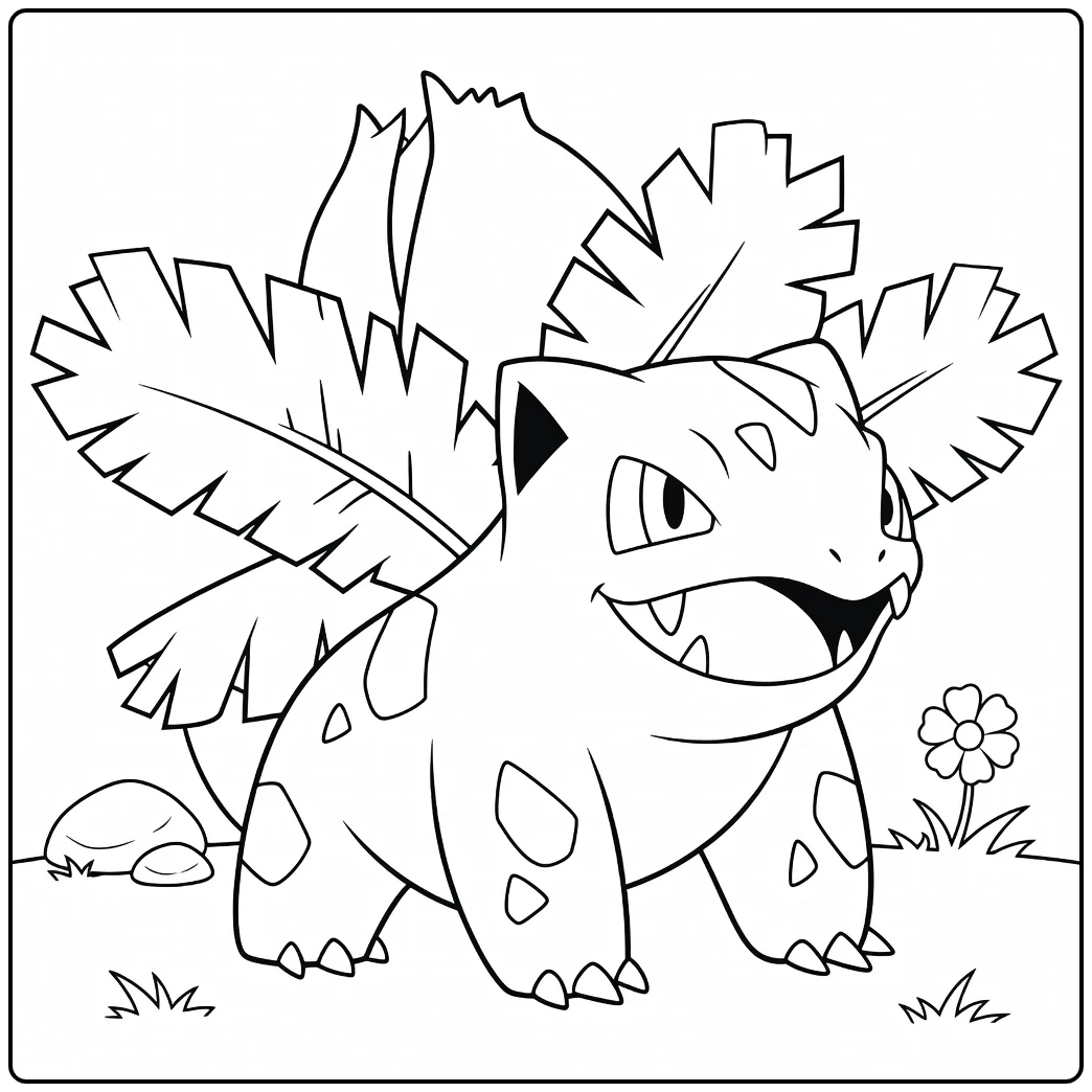 Ivysaur Kleurplaat met bol, gras en bloem