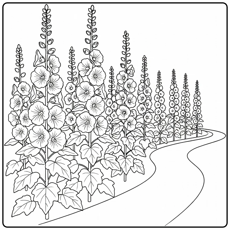 Stokroos kleurplaat met bloemen langs tuinpad