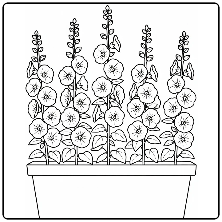 Stokroos kleurplaat met hollyhocks in rechthoekige planter