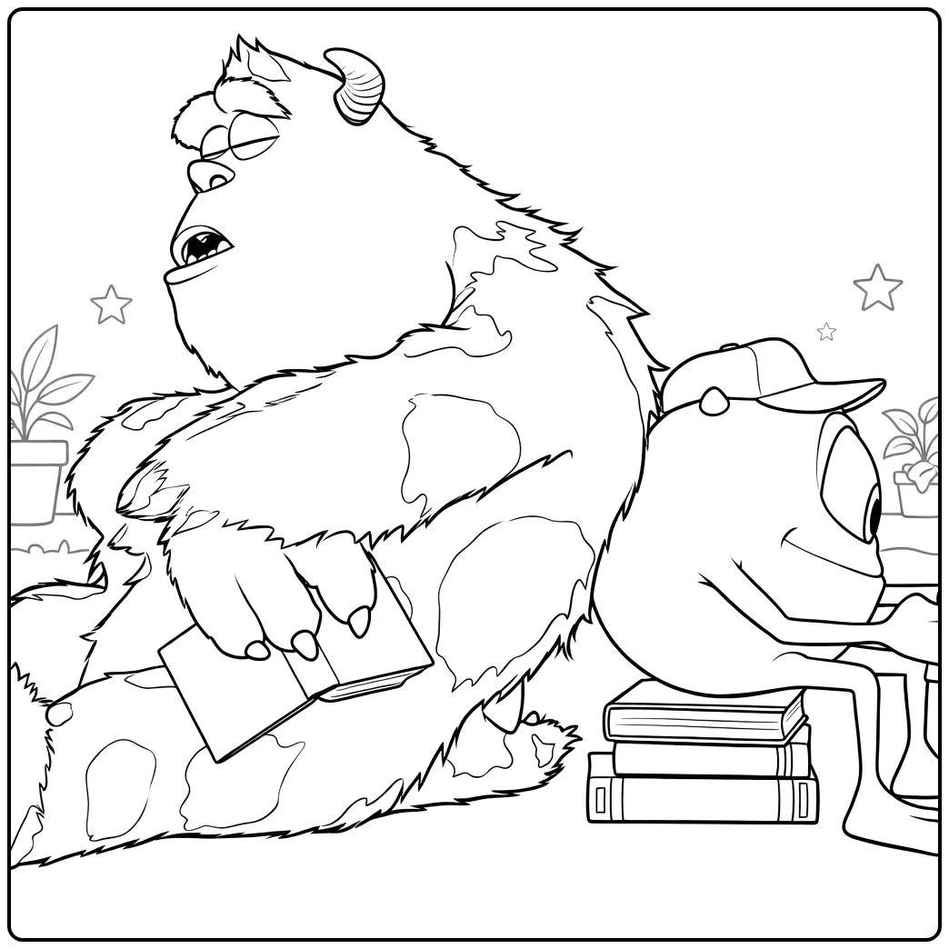 Monsters En Co Kleurplaat: Sulley en Mike aan bureau