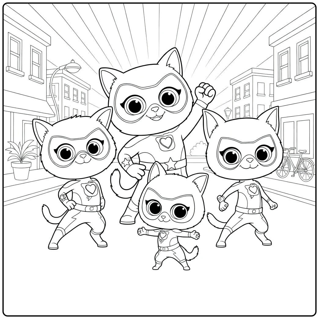SuperKitties Kleurplaat met vier superheld katten