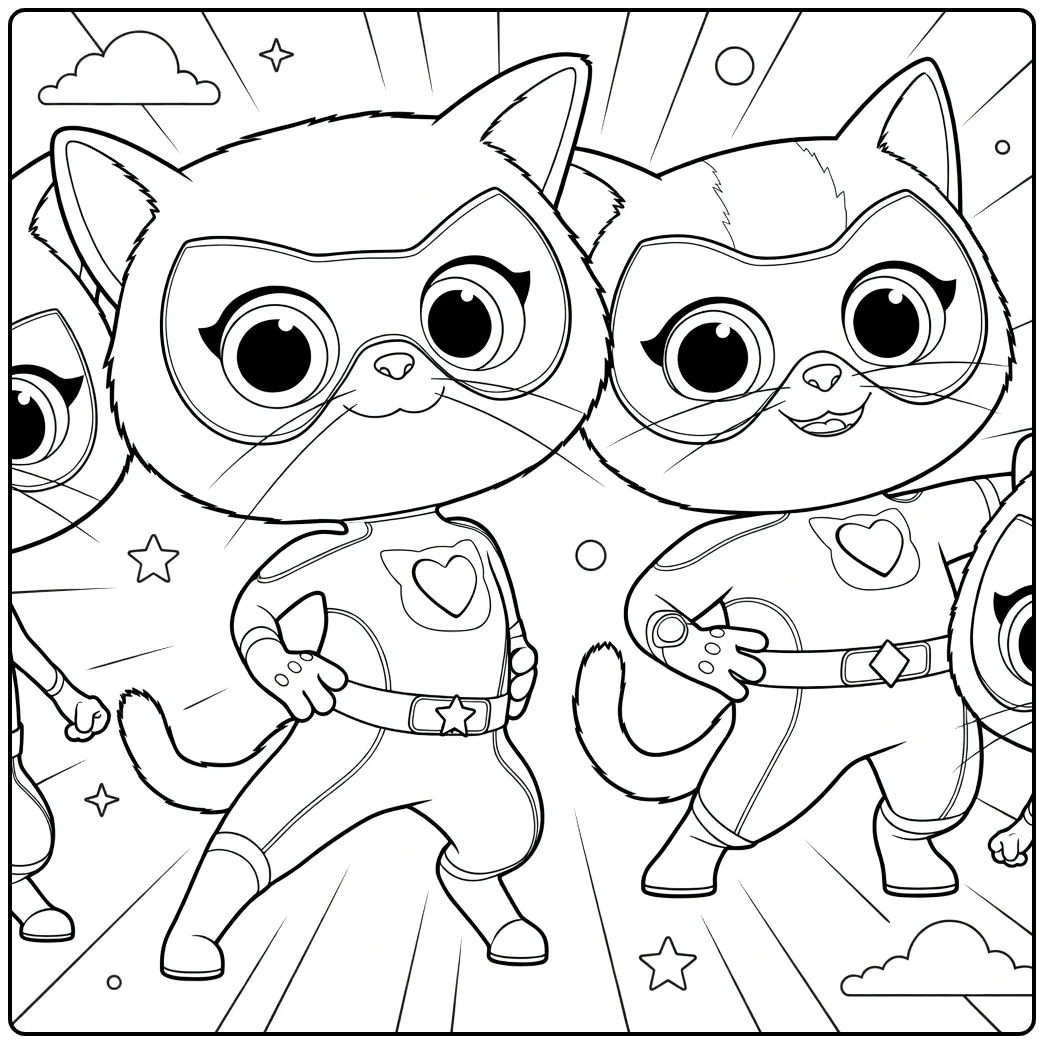 SuperKitties Kleurplaat met vier superheldenkatten