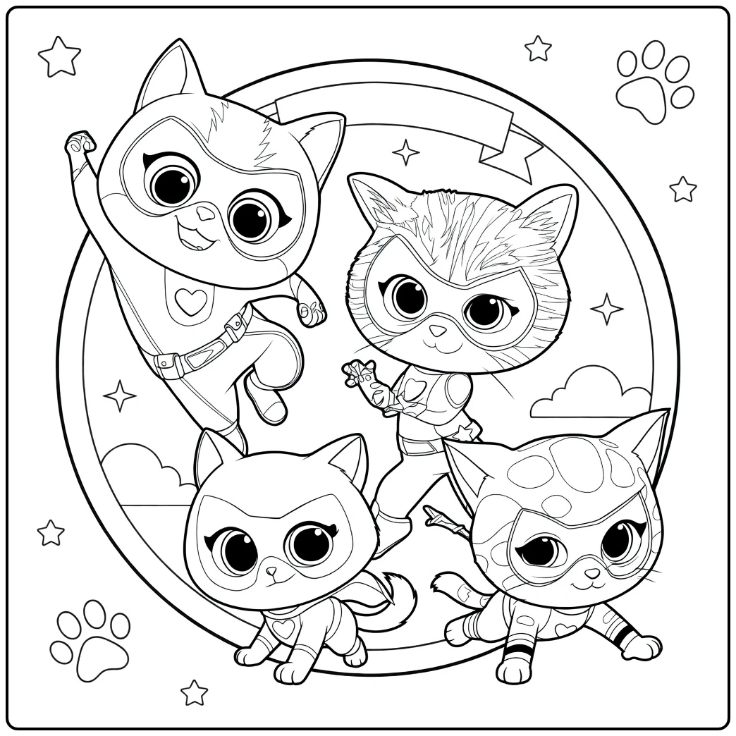 SuperKitties Kleurplaat met vier superheldenkatten