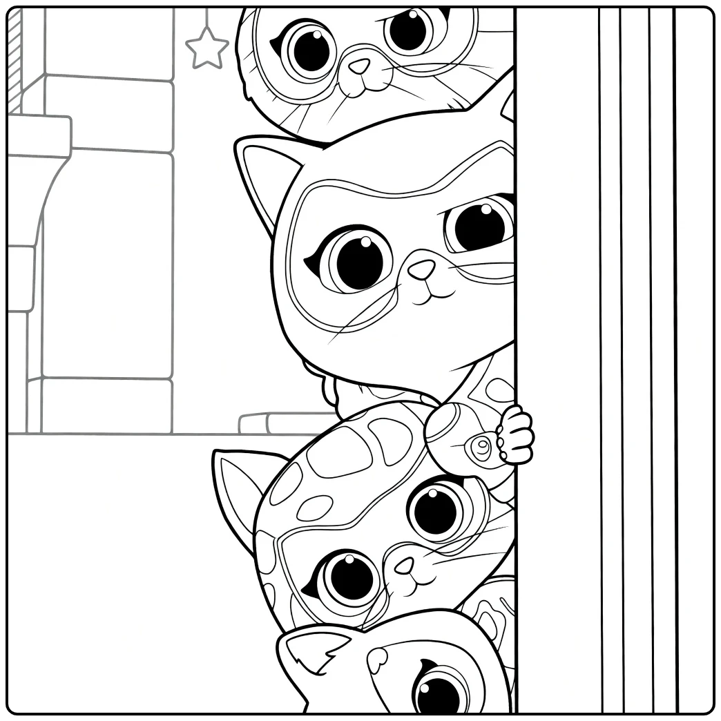 SuperKitties Kleurplaat met drie katten achter deur