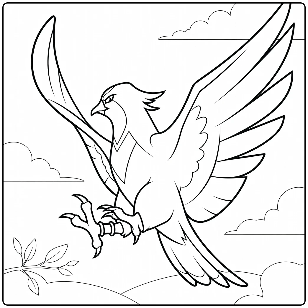 Swellow kleurplaat: vliegende Pokémon met klauwen en wolken