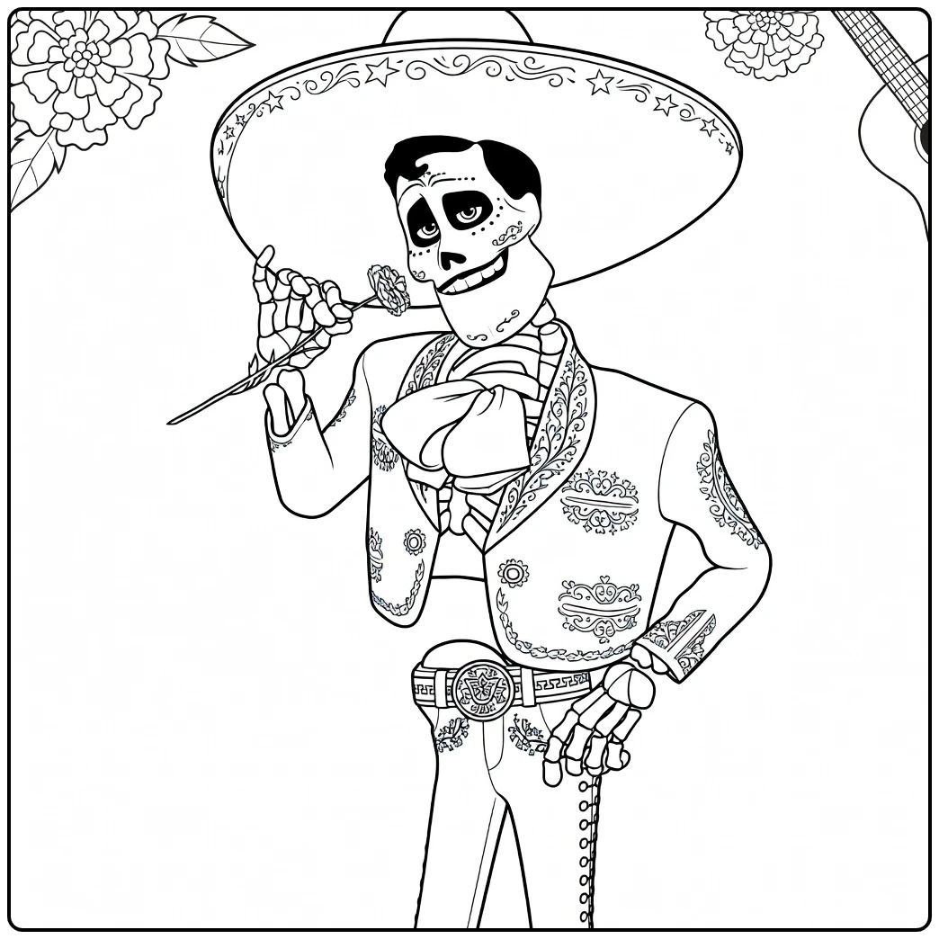 Tía Rosita Kleurplaat skelet met sombrero en bloem