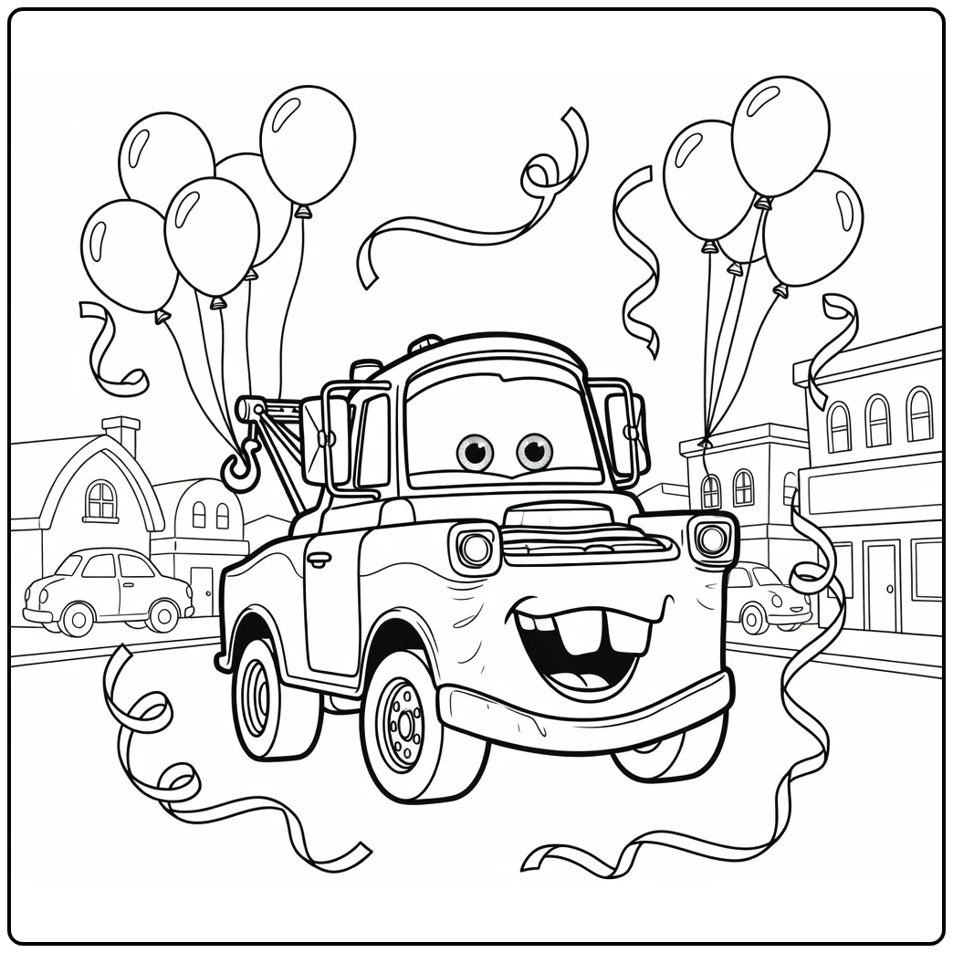 Takel Cars Kleurplaat: feestende takelwagen met slingers