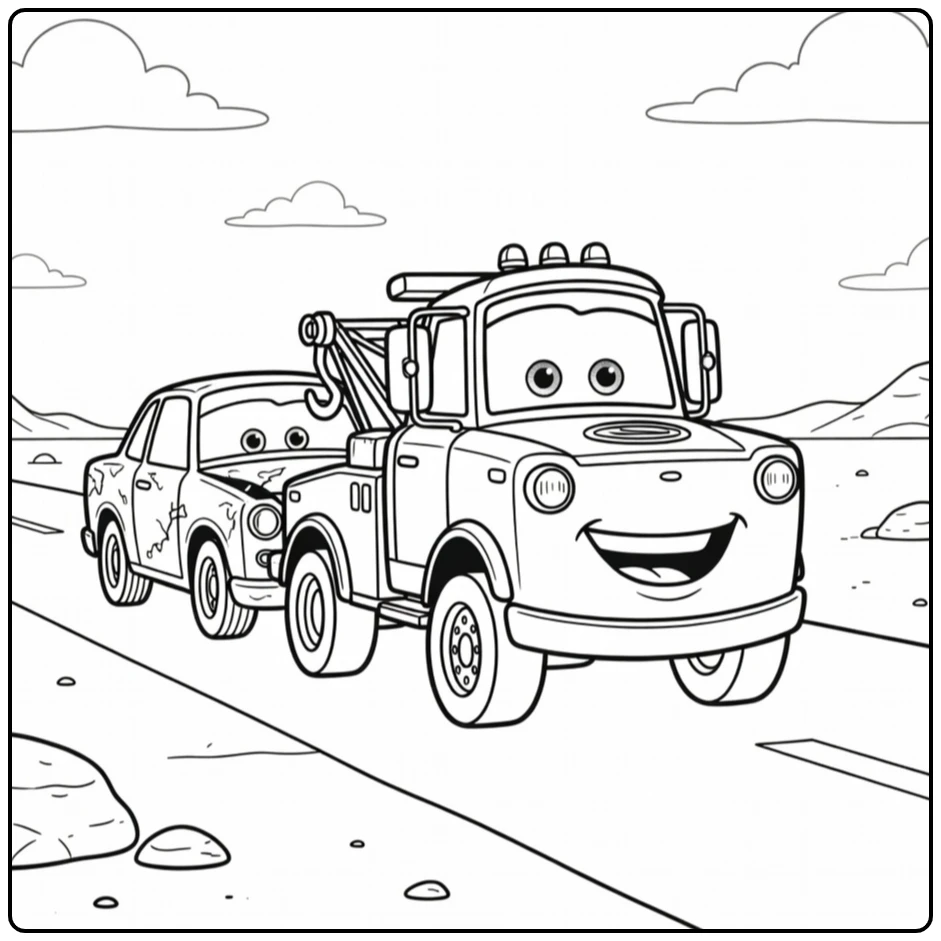 Takel Cars Kleurplaat: Takel sleept kapotte auto bij Radiator Springs