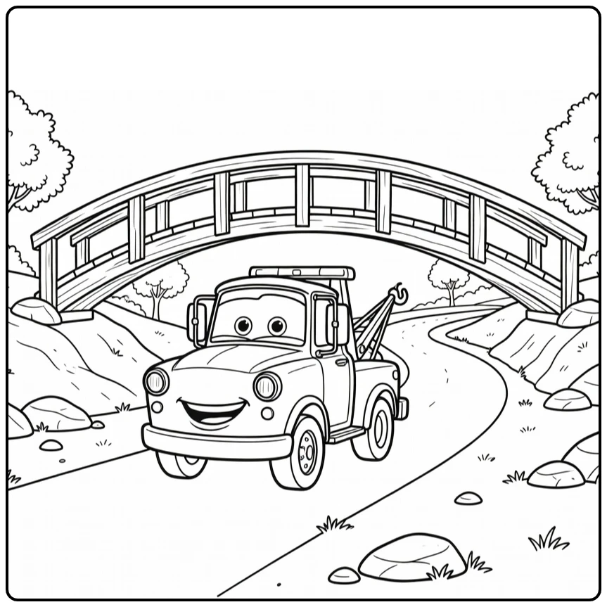 Takel Cars Kleurplaat: Disney takelwagen onder houten brug