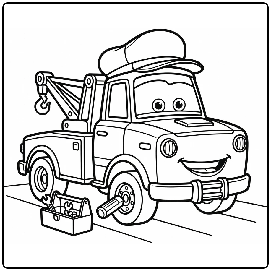 Takel Cars Kleurplaat: takeltruck fixt wiel met pet en toolbox