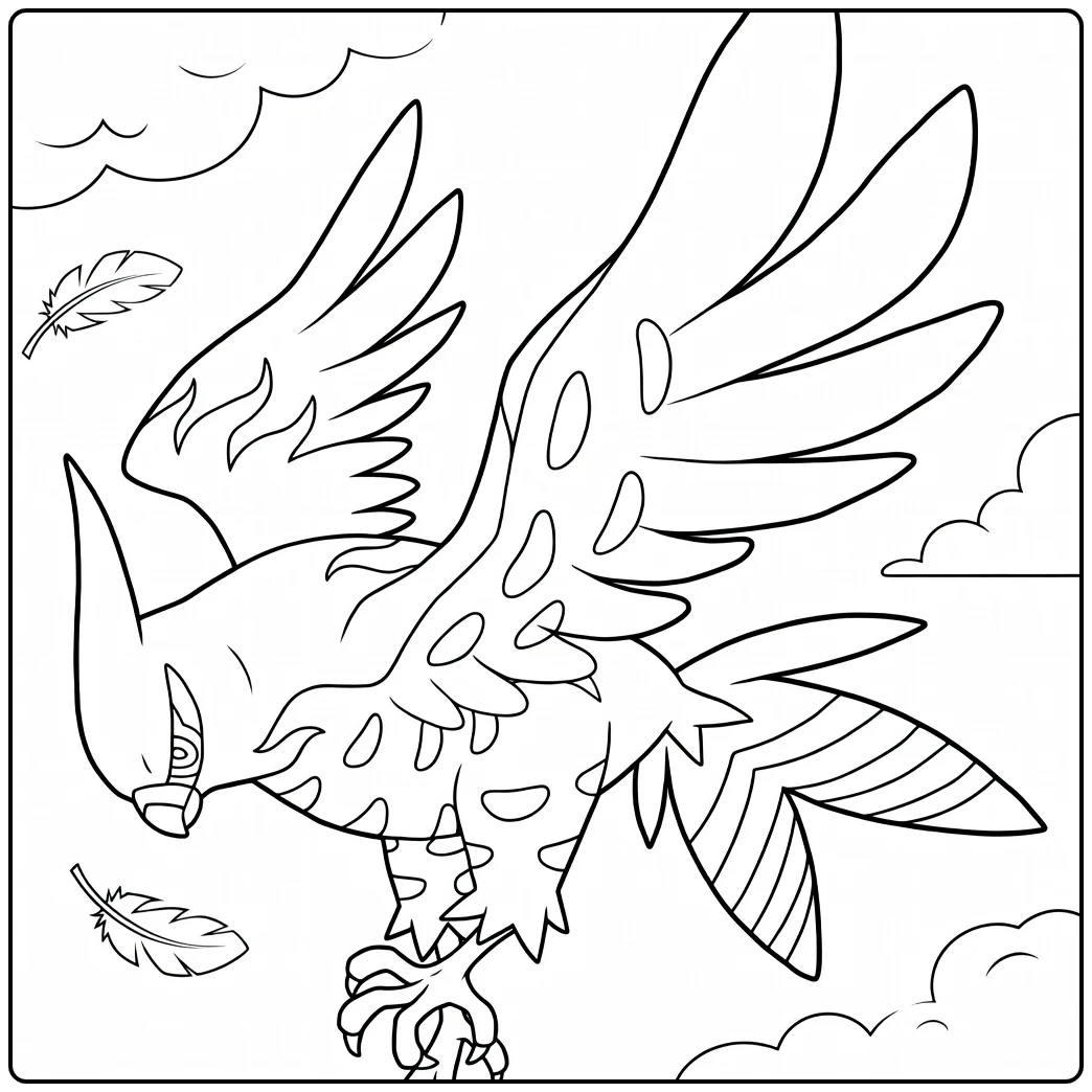 Talonflame Kleurplaat: vliegende vuur-Pokémon met vlammen