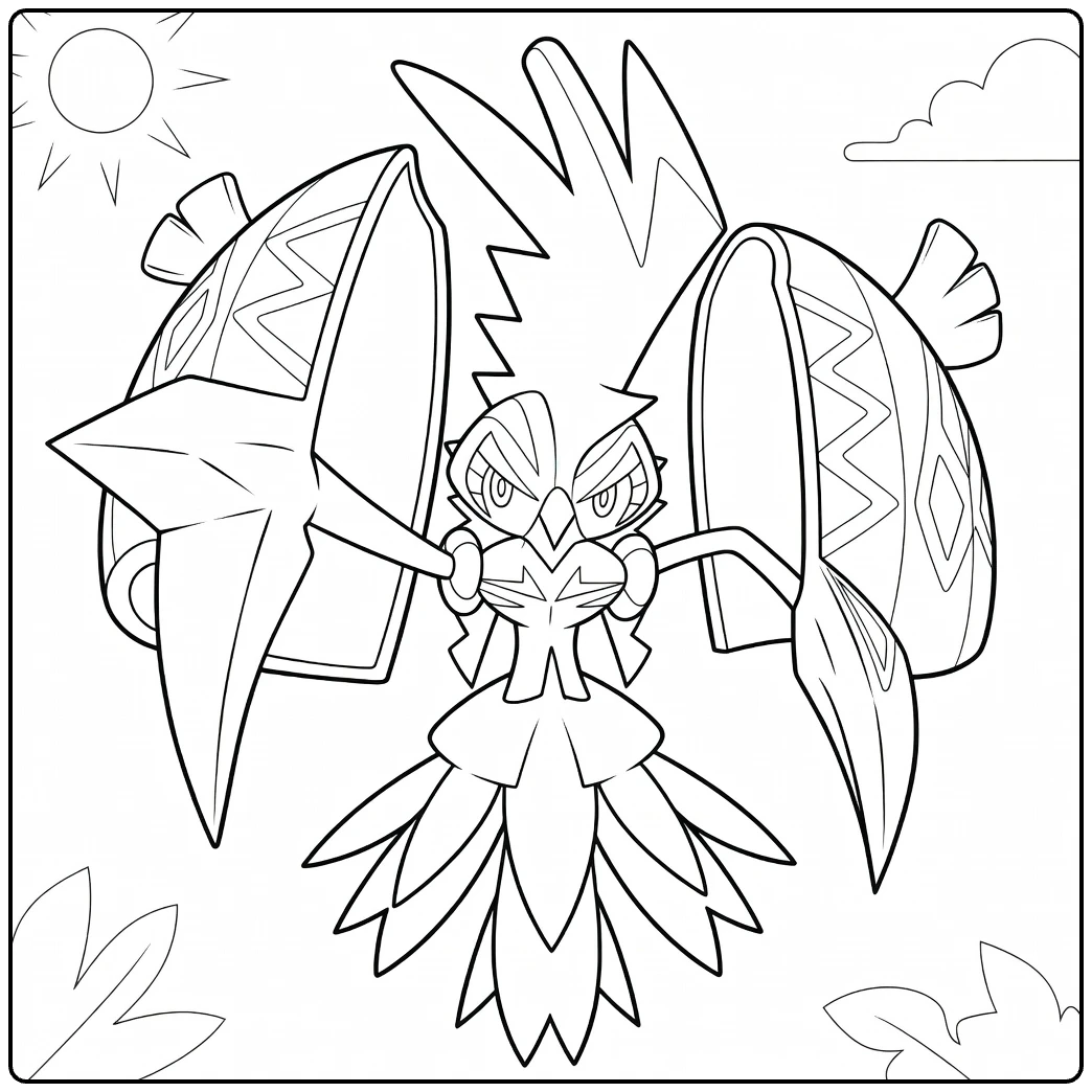 Tapu Koko Kleurplaat met zon en wolken, Pokémon