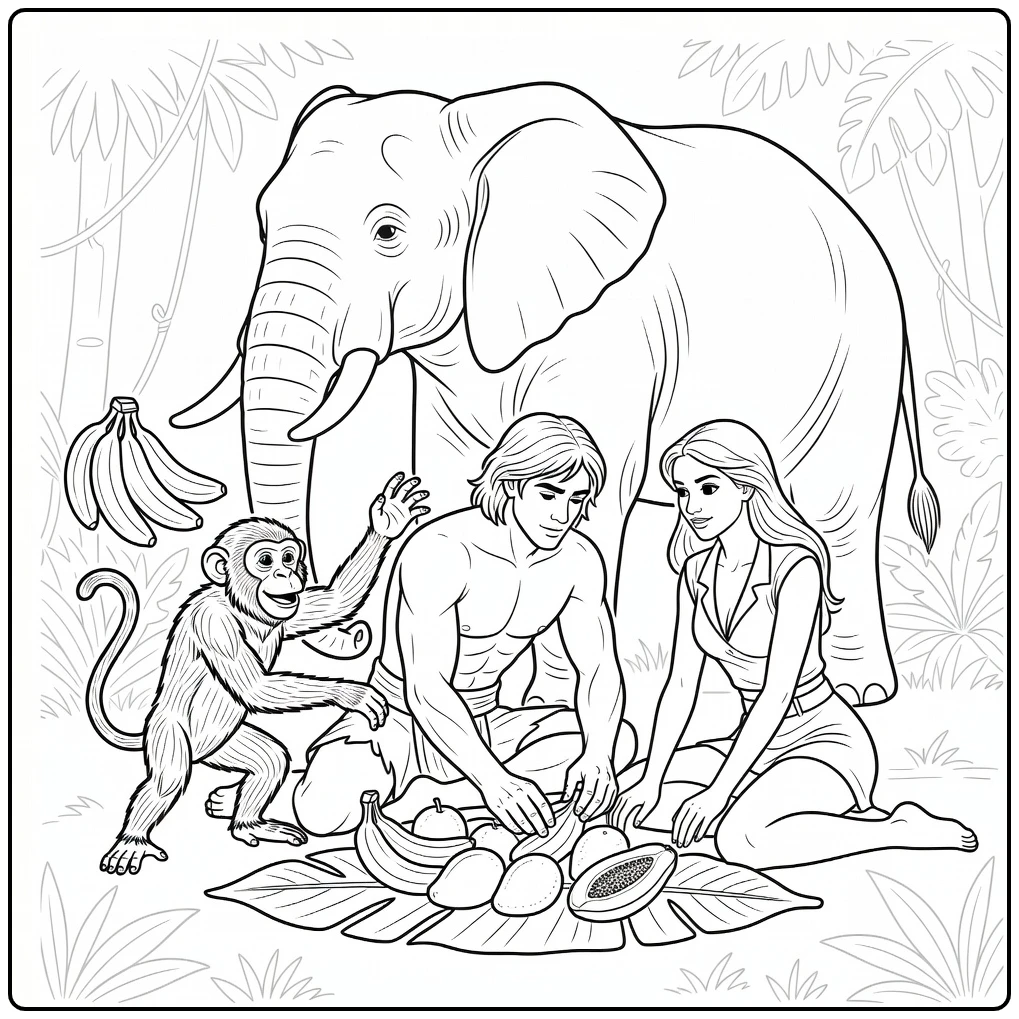 Tarzan kleurplaat: picknick met Jane, Terk, Tantor jungle