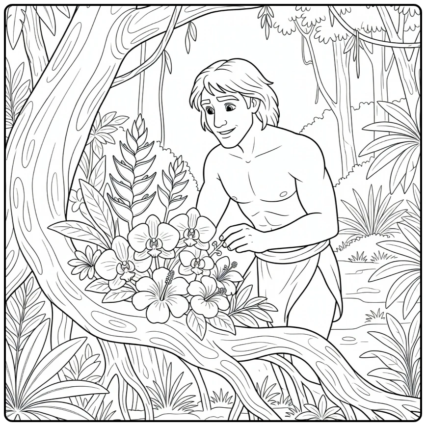 Tarzan kleurplaat: held ontdekt tropische bloemen bij boomwortel