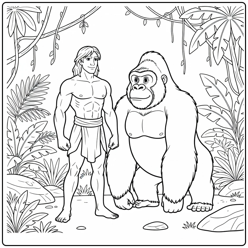 Tarzan kleurplaat: held met gorilla, lianen en rotsen