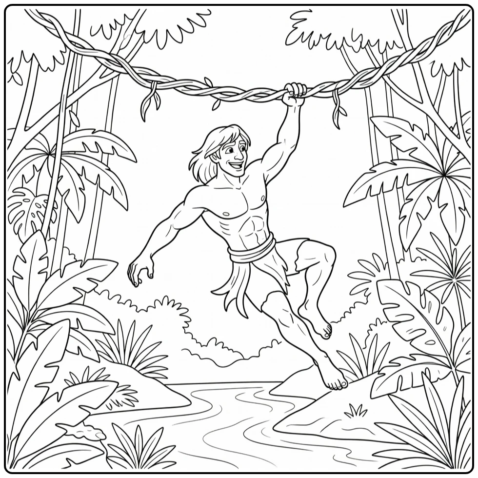Tarzan kleurplaat: slingerend aan liaan boven rivier