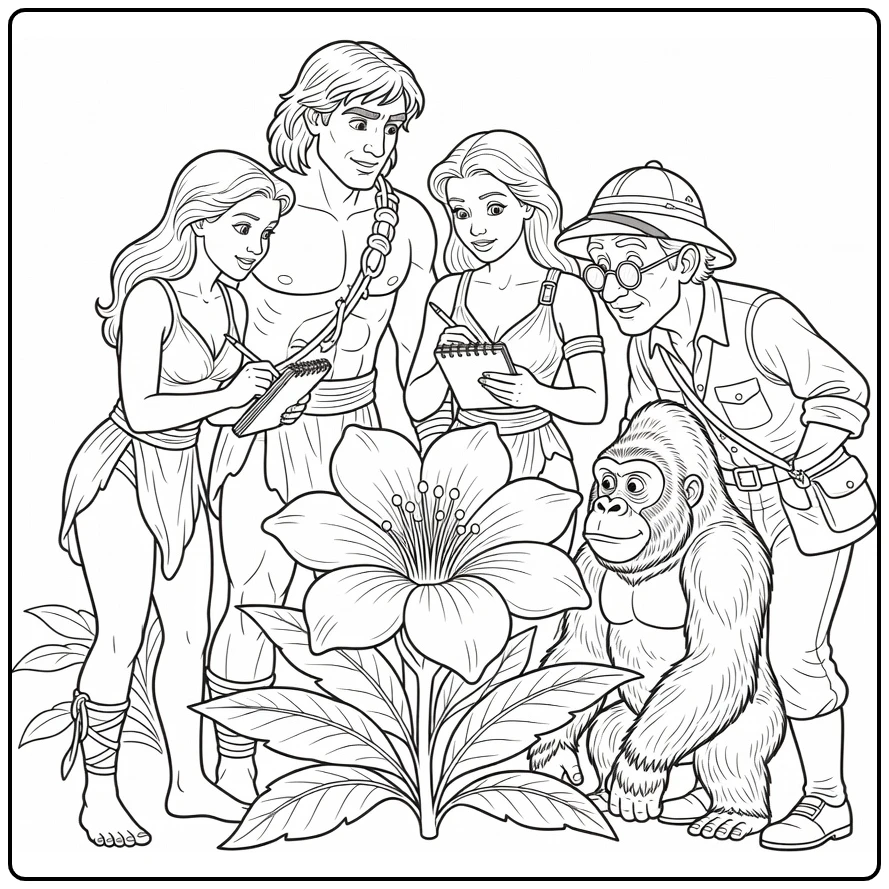 Tarzan kleurplaat: Tarzan, Jane, Porter, Terk bij junglebloem