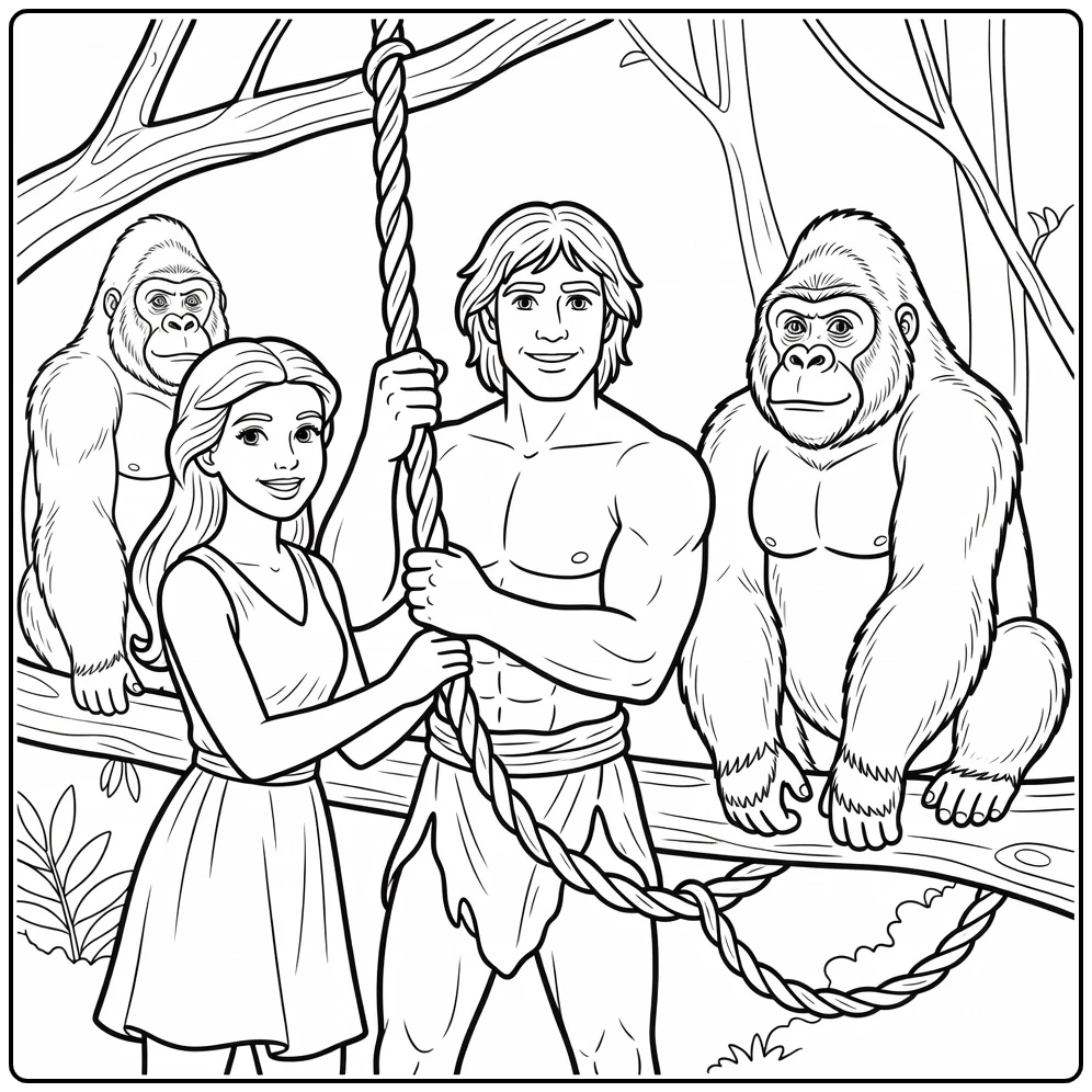 Tarzan kleurplaat: Tarzan met liaan, Jane, Terk, Kala