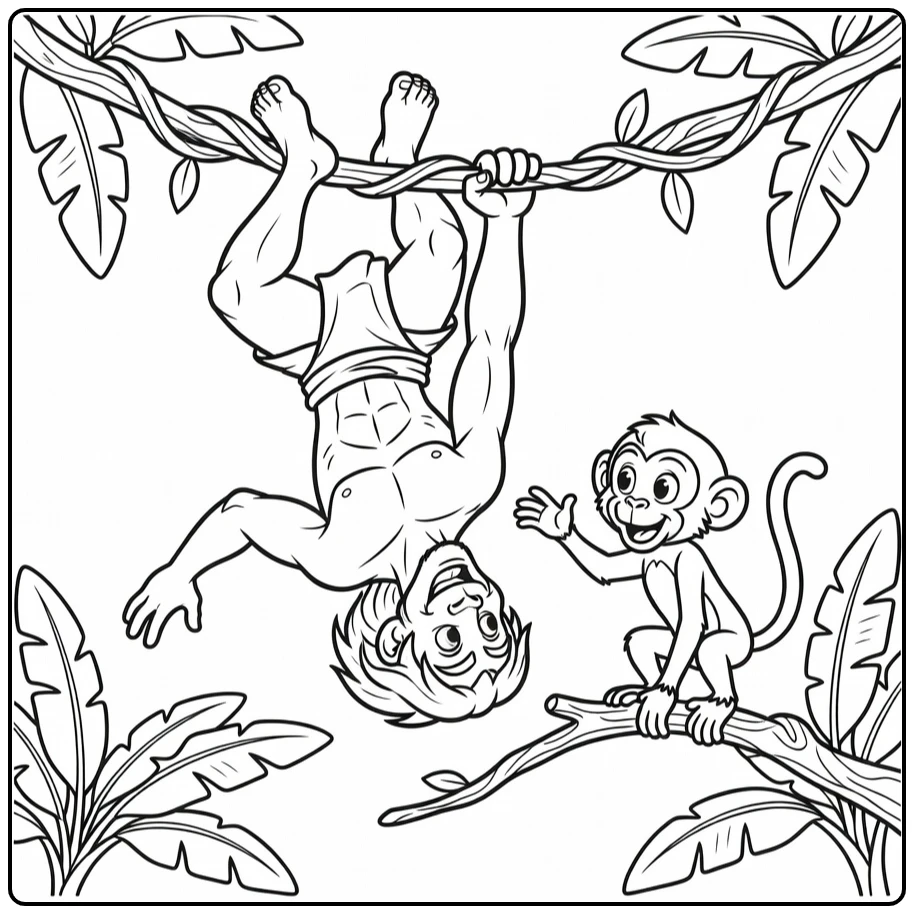 Tarzan kleurplaat: held hangt ondersteboven aan liaan, lacht naar aap