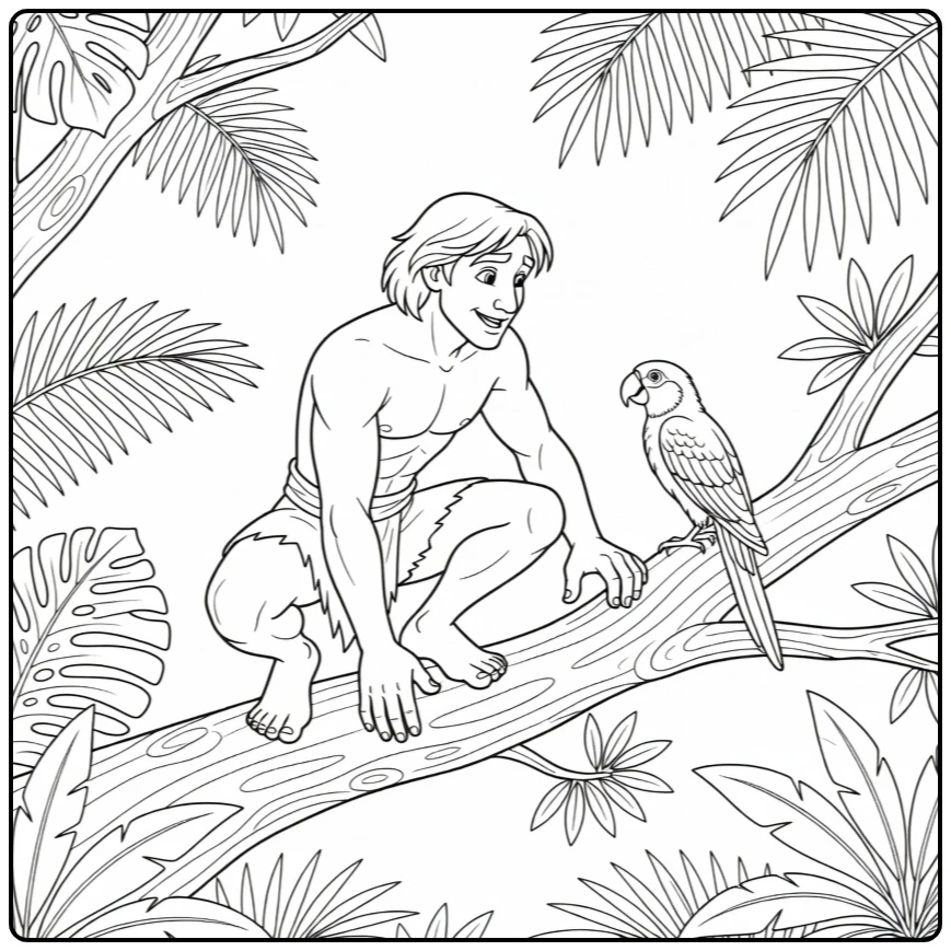 Tarzan kleurplaat: hurkend op tak naar vogel kijkend