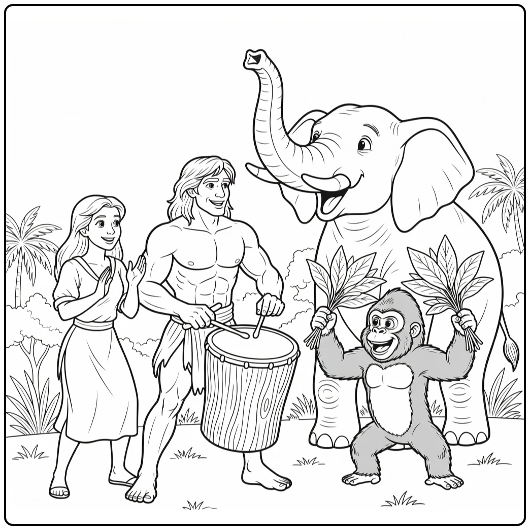 Tarzan kleurplaat met Tarzan, Jane, Terk en Tantor die muziek spelen