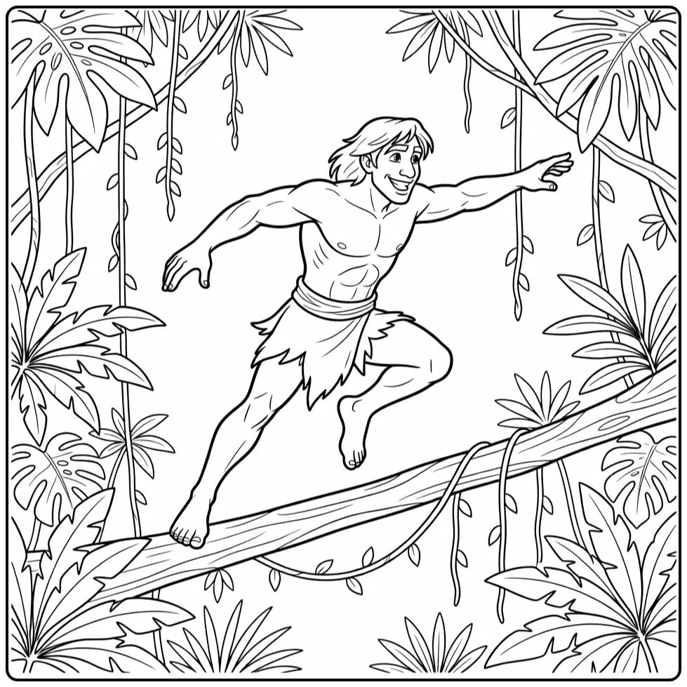 Tarzan kleurplaat: jungleheld springt over boomtakken met lach