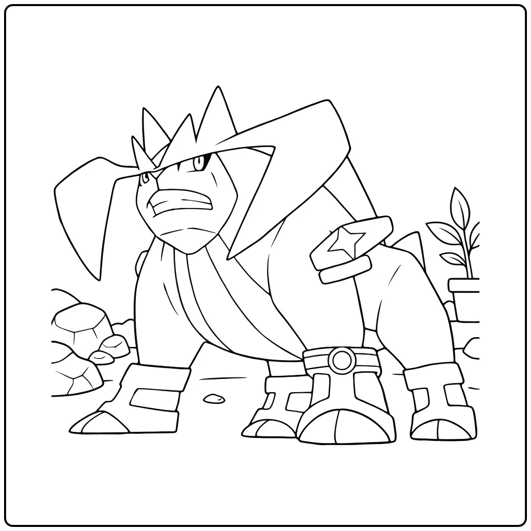 Terrakion Kleurplaat: stoere Pokémon met rotsen en planten