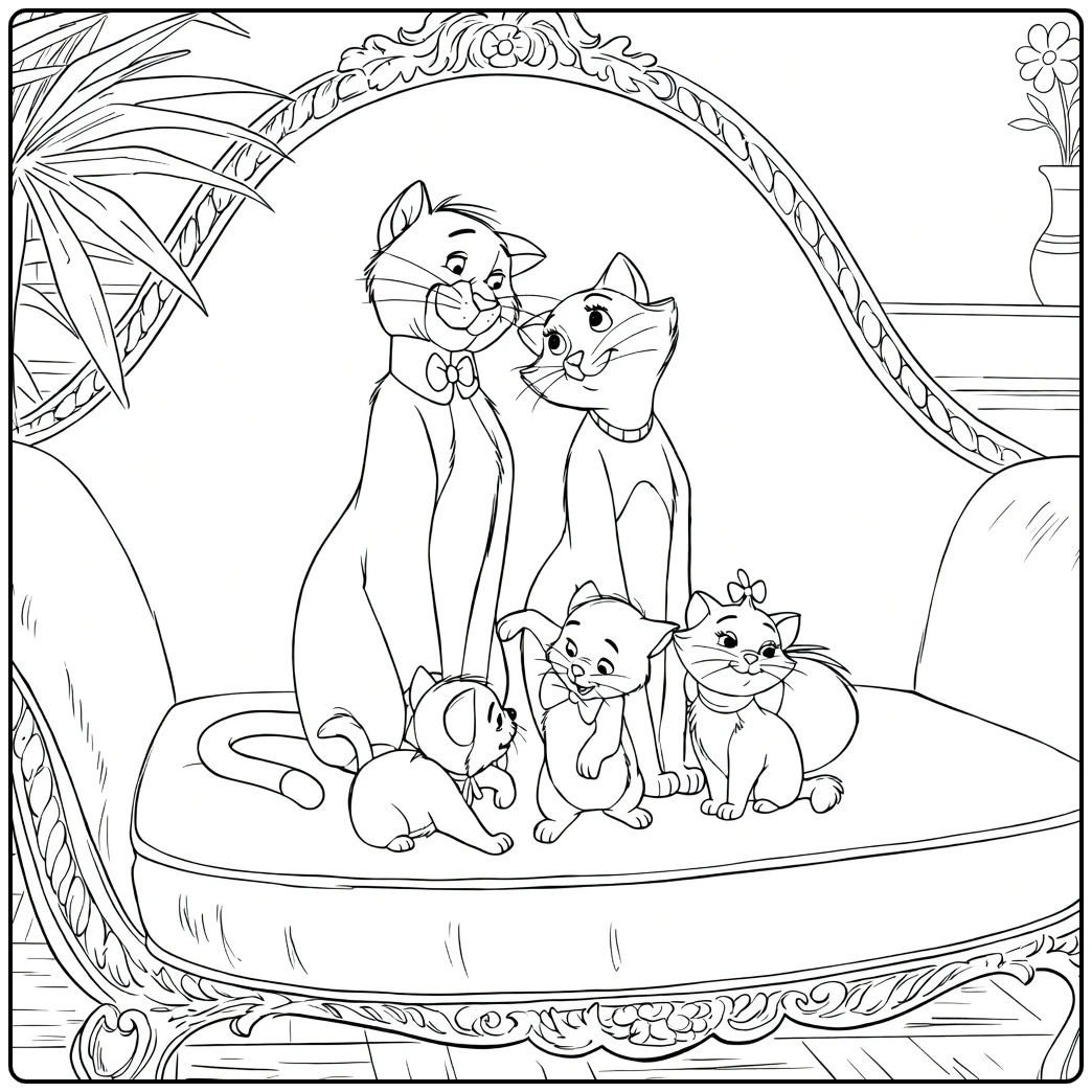 The Aristocats Kleurplaat met kattenfamilie op bank
